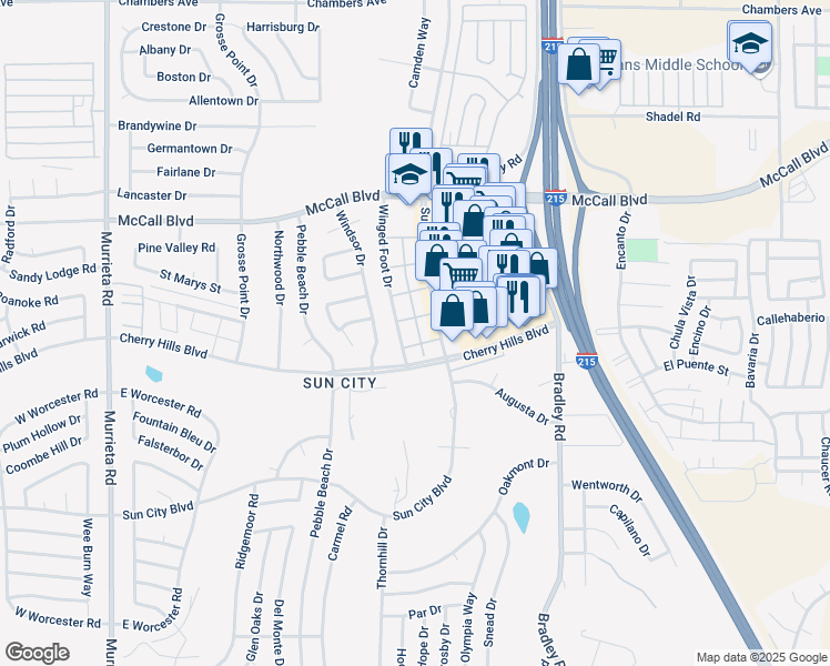 map of restaurants, bars, coffee shops, grocery stores, and more near 28220 Winged Foot Drive in Menifee