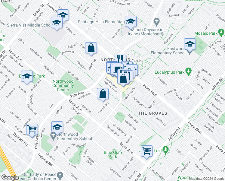 map of restaurants, bars, coffee shops, grocery stores, and more near 25 Miners Trail in Irvine