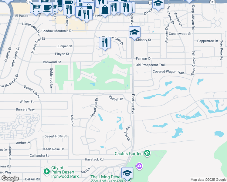 map of restaurants, bars, coffee shops, grocery stores, and more near 73840 Grapevine Street in Palm Desert