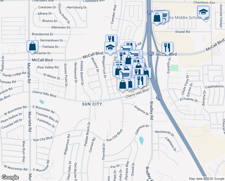 map of restaurants, bars, coffee shops, grocery stores, and more near 28220 Winged Foot Drive in Menifee