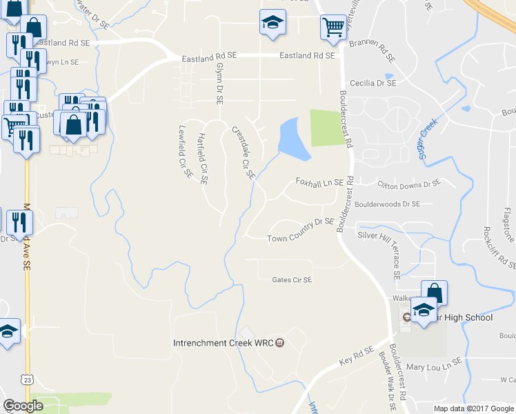map of restaurants, bars, coffee shops, grocery stores, and more near 2380 Crestdale Circle Southeast in Atlanta