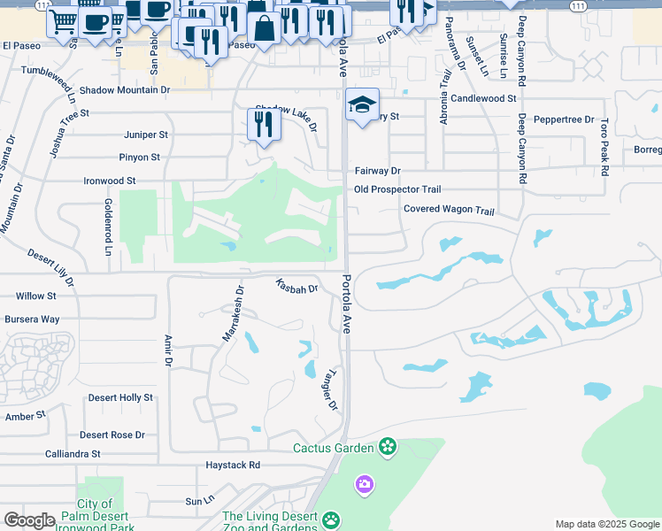 map of restaurants, bars, coffee shops, grocery stores, and more near 73950 Grapevine Street in Palm Desert