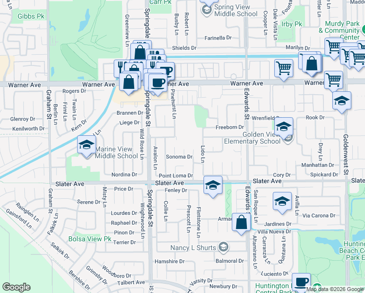 map of restaurants, bars, coffee shops, grocery stores, and more near 17301 Elsinore Circle in Huntington Beach