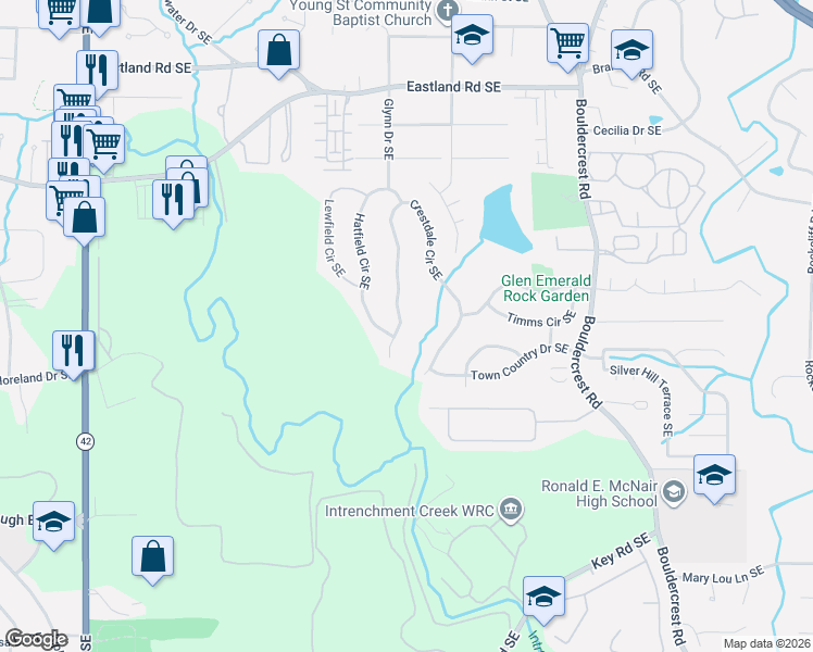 map of restaurants, bars, coffee shops, grocery stores, and more near 2645 Crestdale Circle Southeast in Atlanta