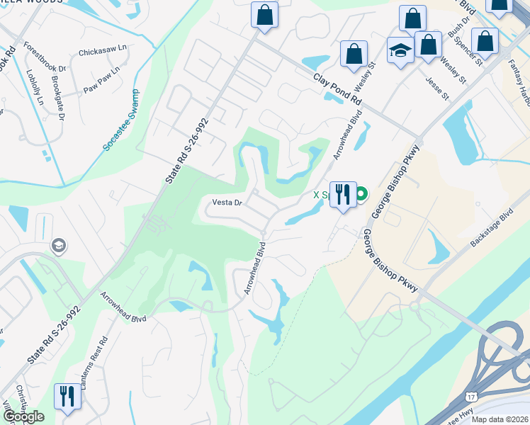 map of restaurants, bars, coffee shops, grocery stores, and more near 206 Vesta Drive in Myrtle Beach