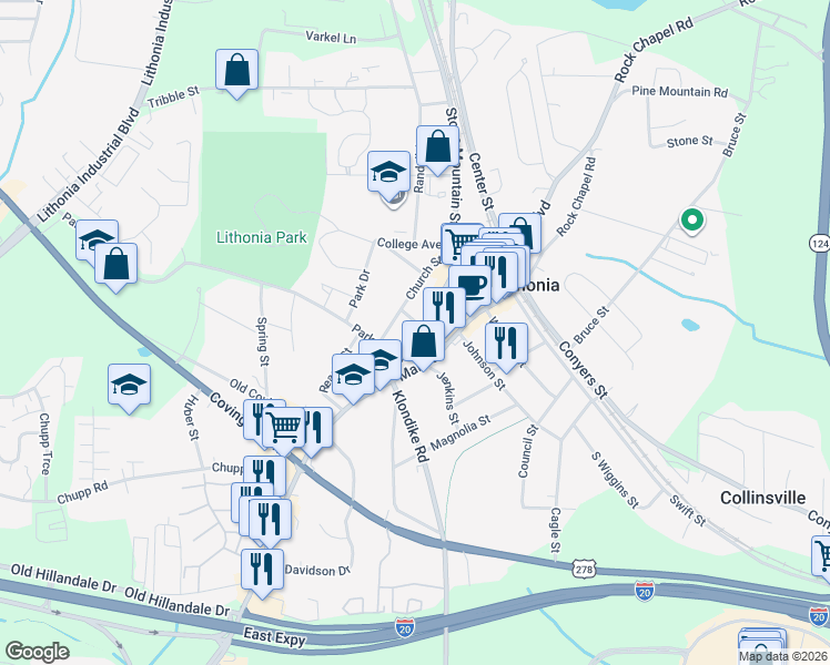 map of restaurants, bars, coffee shops, grocery stores, and more near 2563 Bond Street in Lithonia