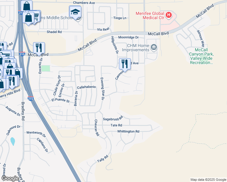 map of restaurants, bars, coffee shops, grocery stores, and more near 27670 Hub Court in Menifee
