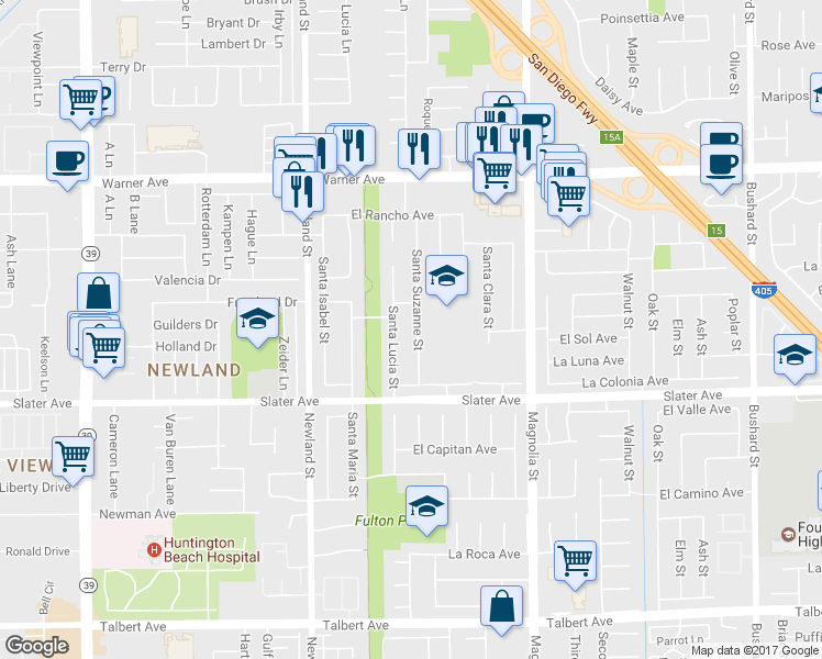 map of restaurants, bars, coffee shops, grocery stores, and more near 17339 Santa Suzanne Street in Fountain Valley