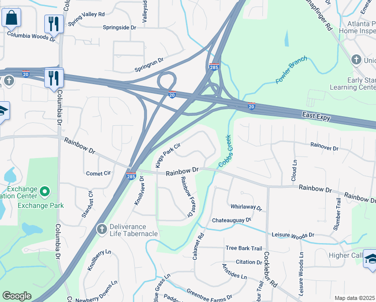 map of restaurants, bars, coffee shops, grocery stores, and more near 3654 Kings Park Way in Decatur