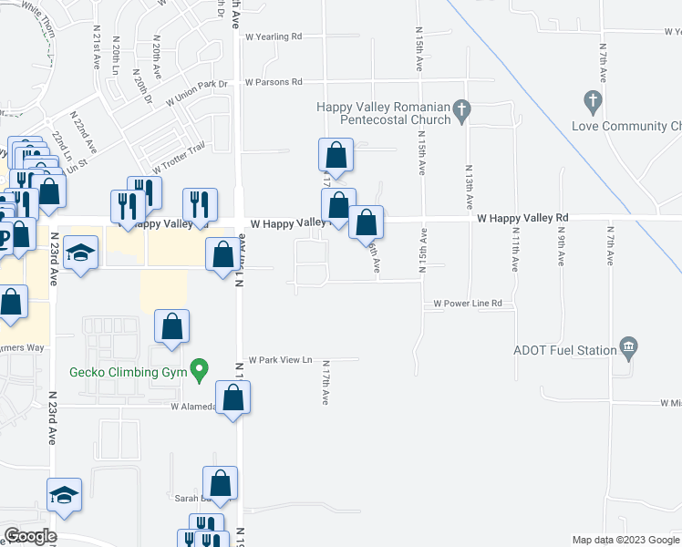 map of restaurants, bars, coffee shops, grocery stores, and more near 1614 West Whispering Wind Drive in Phoenix