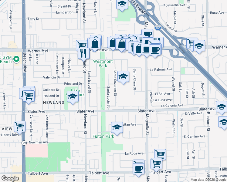 map of restaurants, bars, coffee shops, grocery stores, and more near 17339 Santa Suzanne Street in Fountain Valley