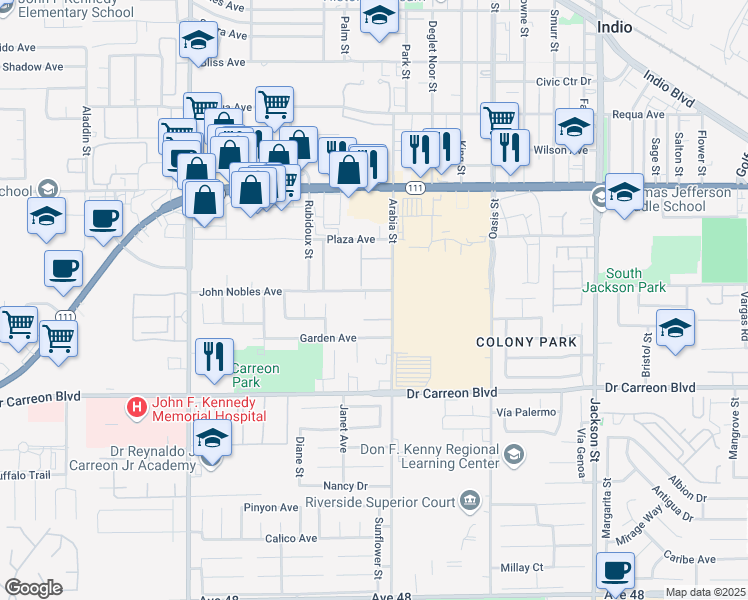 map of restaurants, bars, coffee shops, grocery stores, and more near 82451 John Nobles Avenue in Indio