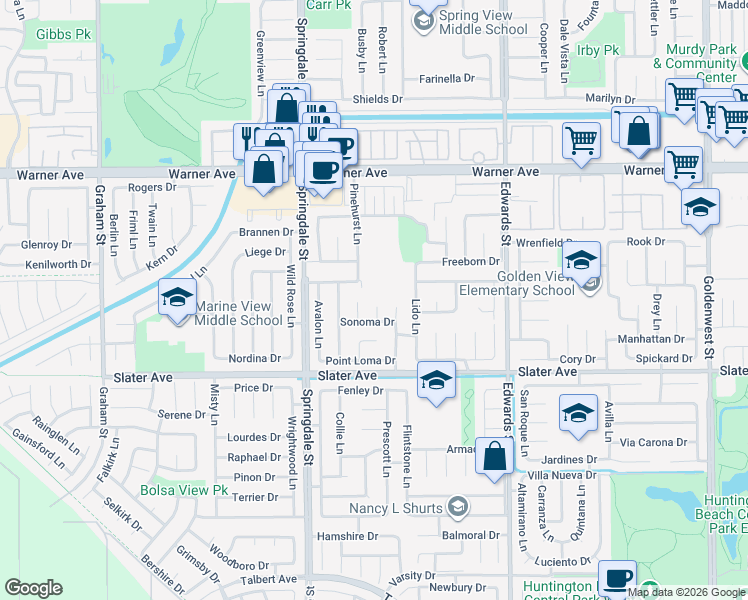 map of restaurants, bars, coffee shops, grocery stores, and more near 17301 Elsinore Circle in Huntington Beach