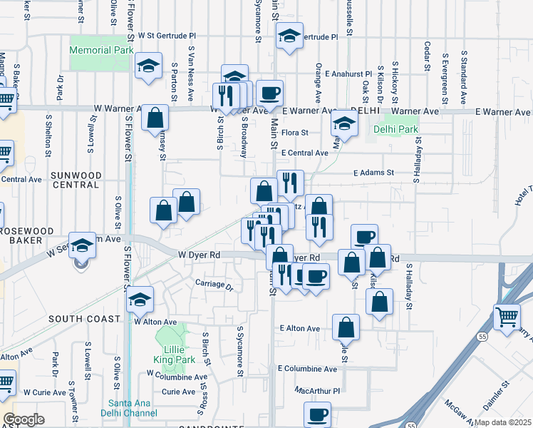 map of restaurants, bars, coffee shops, grocery stores, and more near 2700 South Main Street in Santa Ana
