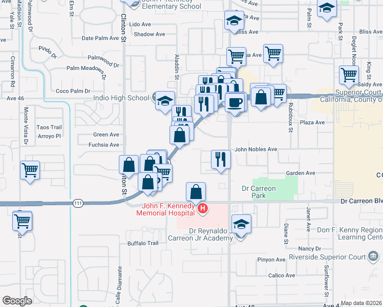 map of restaurants, bars, coffee shops, grocery stores, and more near 81753 California 111 in Indio