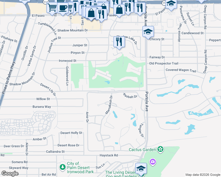 map of restaurants, bars, coffee shops, grocery stores, and more near 73700 Grapevine Street in Palm Desert