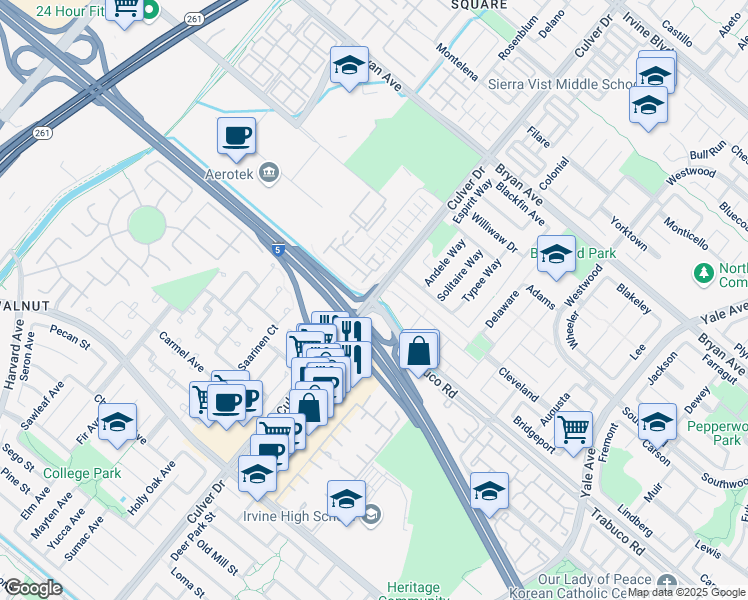 map of restaurants, bars, coffee shops, grocery stores, and more near Trabuco Rd & Culver Dr in Irvine