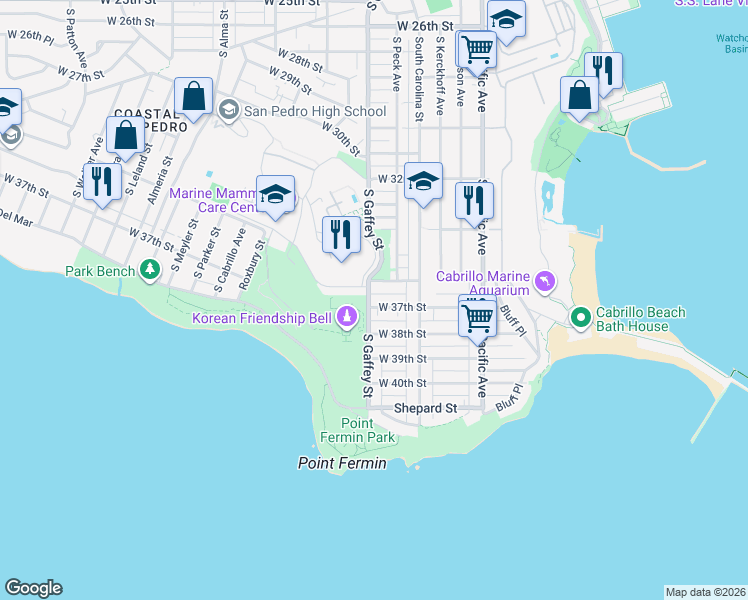 map of restaurants, bars, coffee shops, grocery stores, and more near 3622 South Gaffey Street in Los Angeles