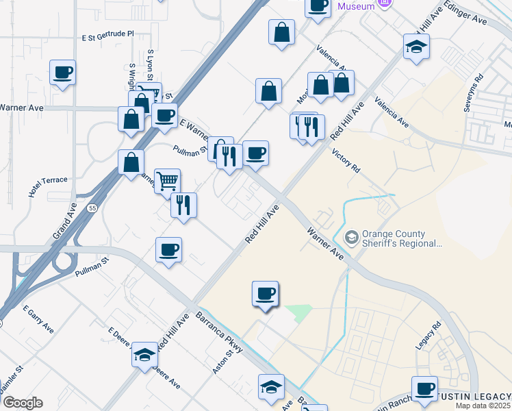map of restaurants, bars, coffee shops, grocery stores, and more near 2350 Red Hill Avenue in Santa Ana