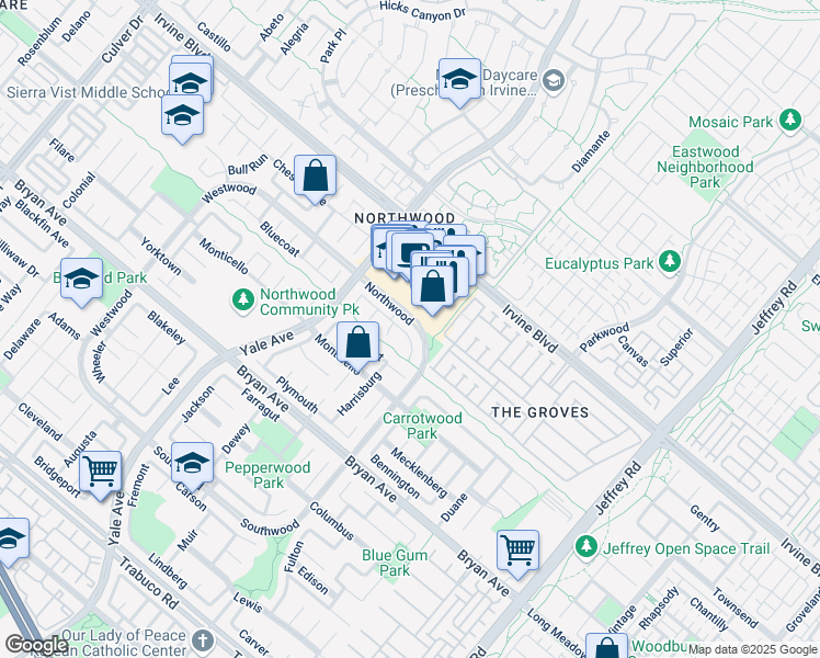 map of restaurants, bars, coffee shops, grocery stores, and more near 20 Miners Trail in Irvine