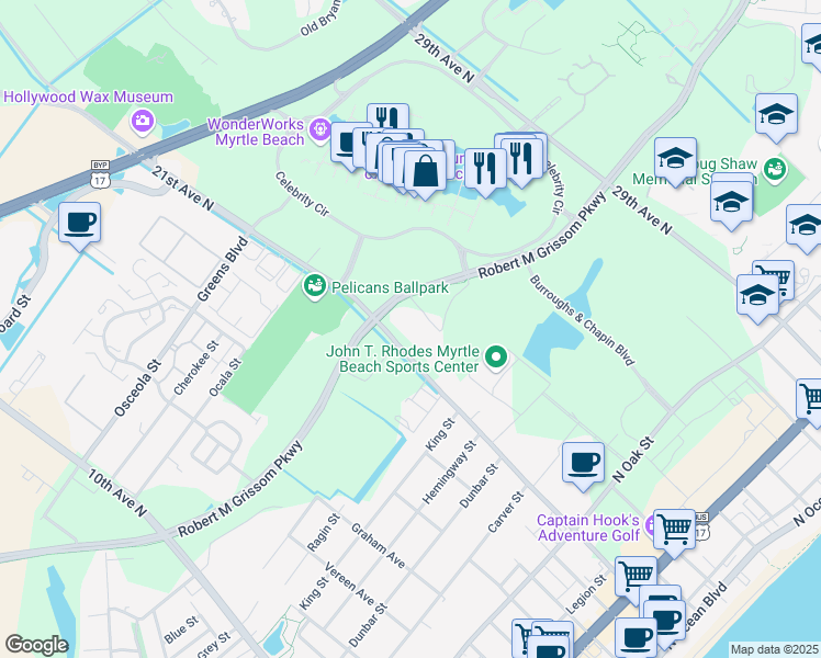 map of restaurants, bars, coffee shops, grocery stores, and more near 1268 21st Avenue North in Myrtle Beach