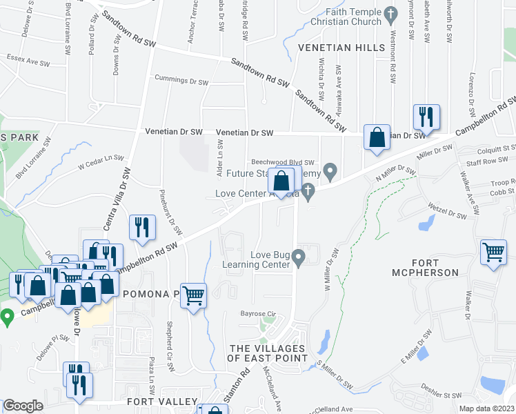map of restaurants, bars, coffee shops, grocery stores, and more near 1784 Campbellton Road Southwest in Atlanta