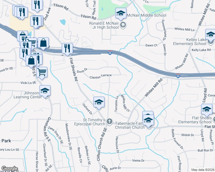 map of restaurants, bars, coffee shops, grocery stores, and more near 2602 Casher Drive in Decatur