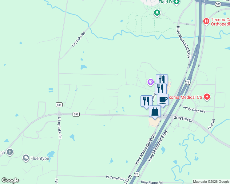 map of restaurants, bars, coffee shops, grocery stores, and more near 3414 Southbend Drive in Denison