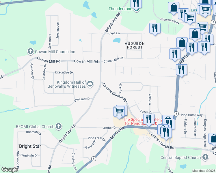 map of restaurants, bars, coffee shops, grocery stores, and more near 6260 Central Church Road in Douglasville