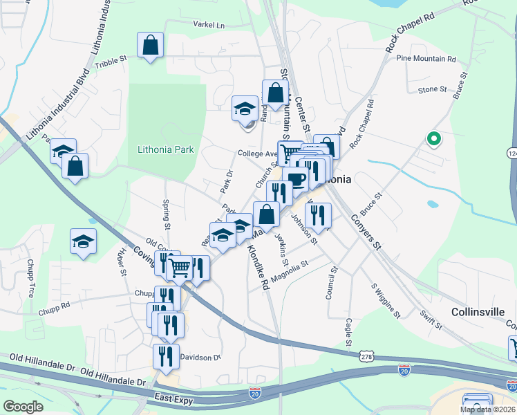 map of restaurants, bars, coffee shops, grocery stores, and more near 2563 Bond Street in Lithonia