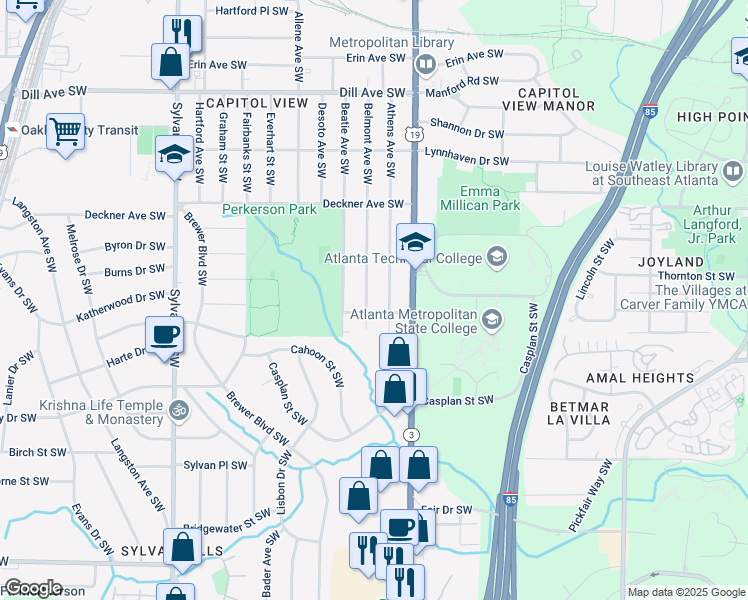 map of restaurants, bars, coffee shops, grocery stores, and more near 1618 Belmont Avenue Southwest in Atlanta