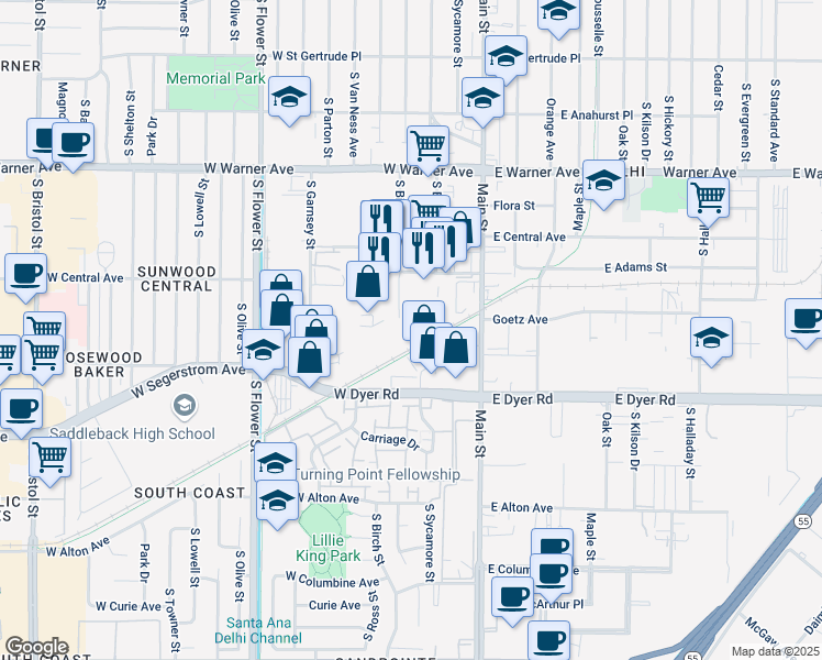 map of restaurants, bars, coffee shops, grocery stores, and more near 2701 South Birch Street in Santa Ana