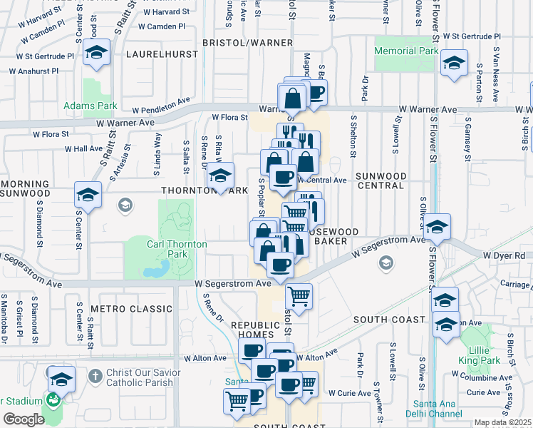map of restaurants, bars, coffee shops, grocery stores, and more near 2701 South Poplar Street in Santa Ana
