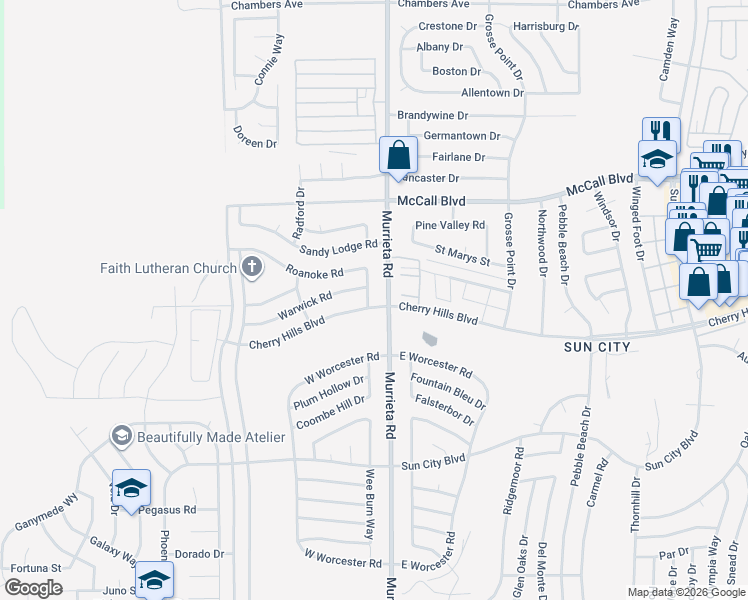 map of restaurants, bars, coffee shops, grocery stores, and more near 25980 Roanoke Road in Menifee