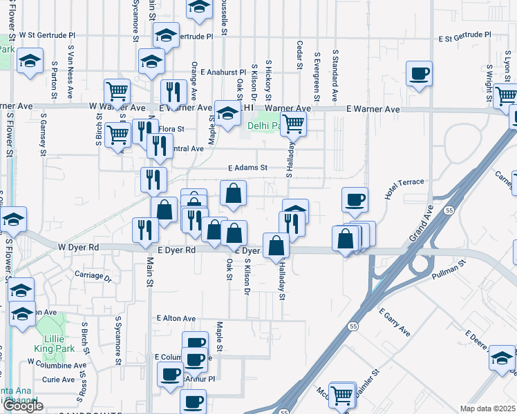 map of restaurants, bars, coffee shops, grocery stores, and more near 2614 Hickory Street in Santa Ana