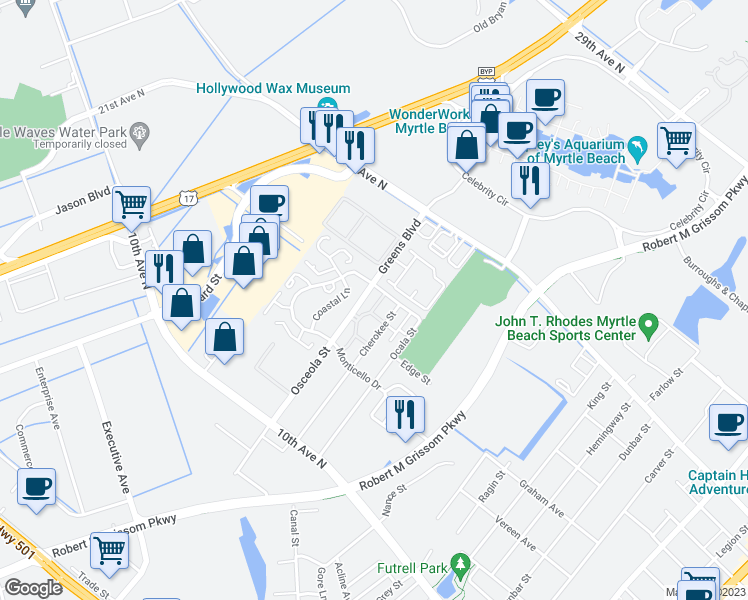 map of restaurants, bars, coffee shops, grocery stores, and more near 1308 Osceola Street in Myrtle Beach