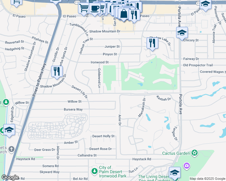 map of restaurants, bars, coffee shops, grocery stores, and more near 46451 Ryway Place in Palm Desert