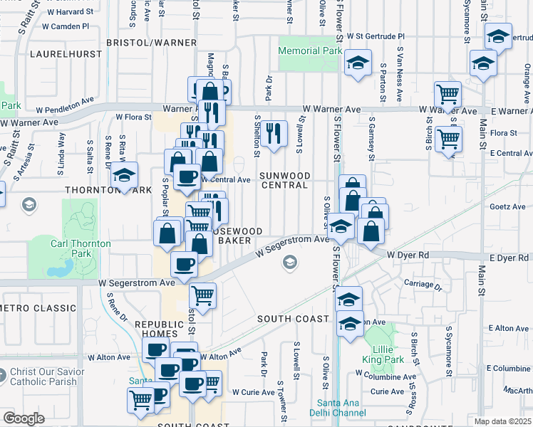 map of restaurants, bars, coffee shops, grocery stores, and more near 2601 Park Drive in Santa Ana