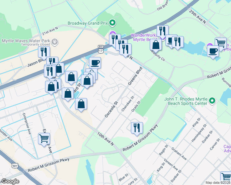 map of restaurants, bars, coffee shops, grocery stores, and more near 1511 Coastal Lane in Myrtle Beach