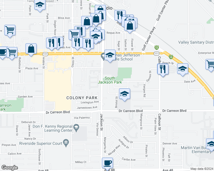 map of restaurants, bars, coffee shops, grocery stores, and more near 46551 Linda Flora Street in Indio