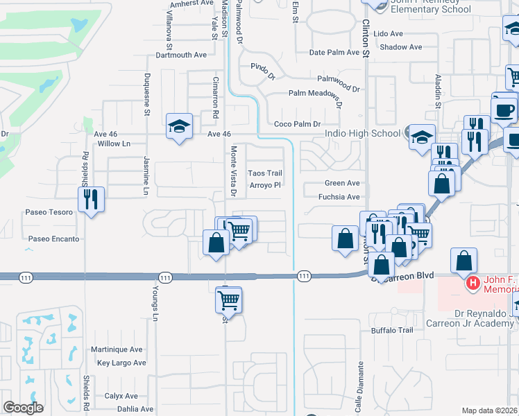 map of restaurants, bars, coffee shops, grocery stores, and more near 81093 Pecos Place in Indio