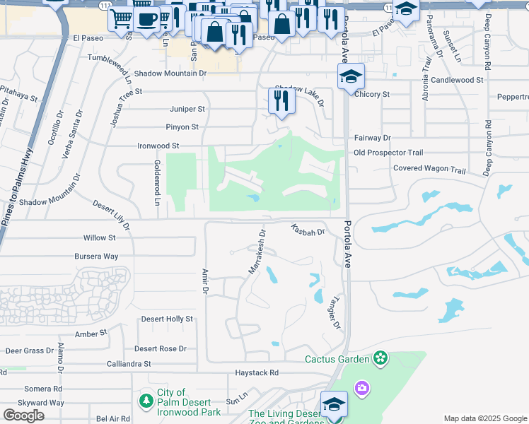 map of restaurants, bars, coffee shops, grocery stores, and more near 73700 Shadow Lane in Palm Desert