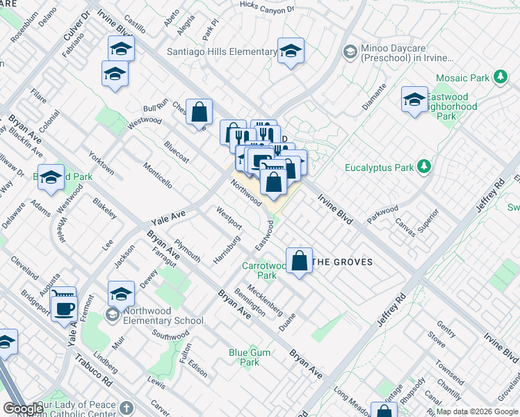 map of restaurants, bars, coffee shops, grocery stores, and more near 20 Miners Trail in Irvine