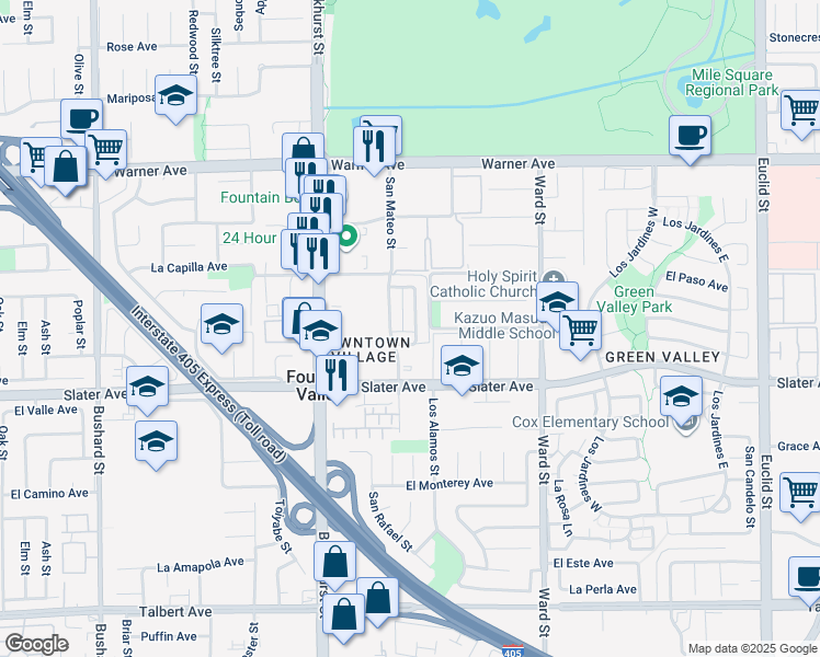 map of restaurants, bars, coffee shops, grocery stores, and more near 17371 San Luis Street in Fountain Valley