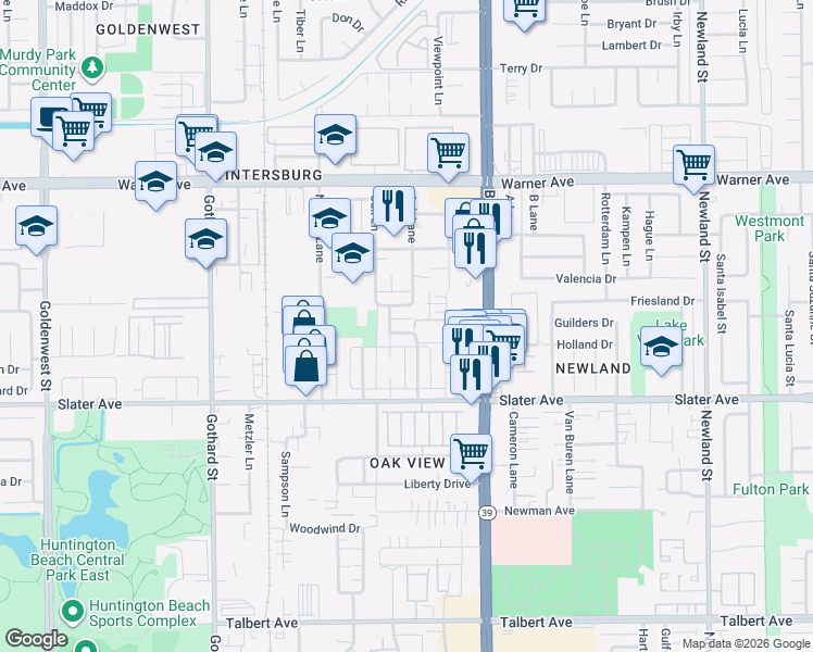 map of restaurants, bars, coffee shops, grocery stores, and more near 17311 Koledo Lane in Huntington Beach