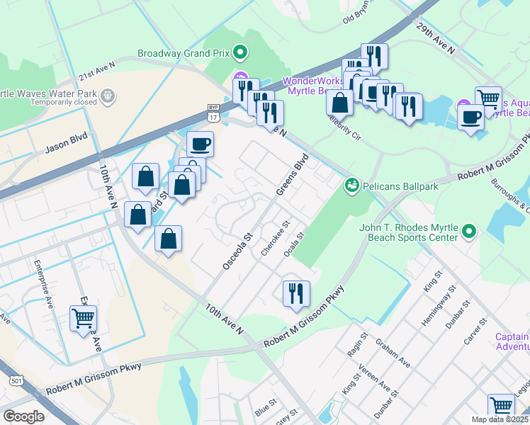 map of restaurants, bars, coffee shops, grocery stores, and more near 1308 Osceola Street in Myrtle Beach