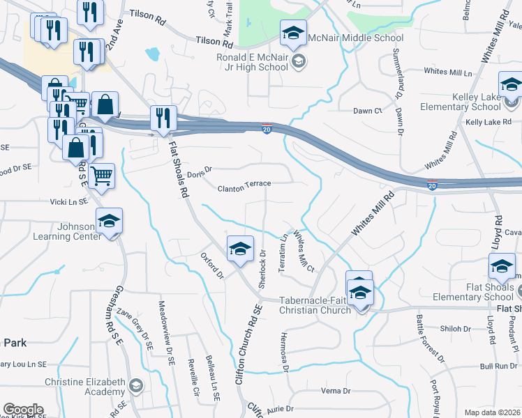 map of restaurants, bars, coffee shops, grocery stores, and more near 2602 Casher Drive in Decatur