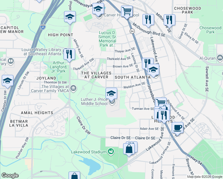 map of restaurants, bars, coffee shops, grocery stores, and more near 80 Meldon Avenue Southeast in Atlanta