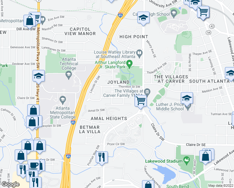 map of restaurants, bars, coffee shops, grocery stores, and more near 248 Upshaw Street Southwest in Atlanta