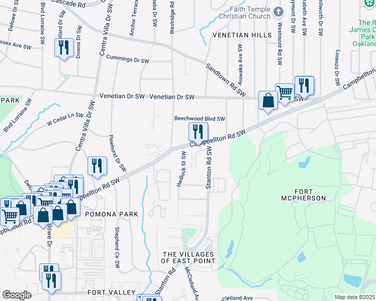 map of restaurants, bars, coffee shops, grocery stores, and more near 1774 Campbellton Road Southwest in Atlanta